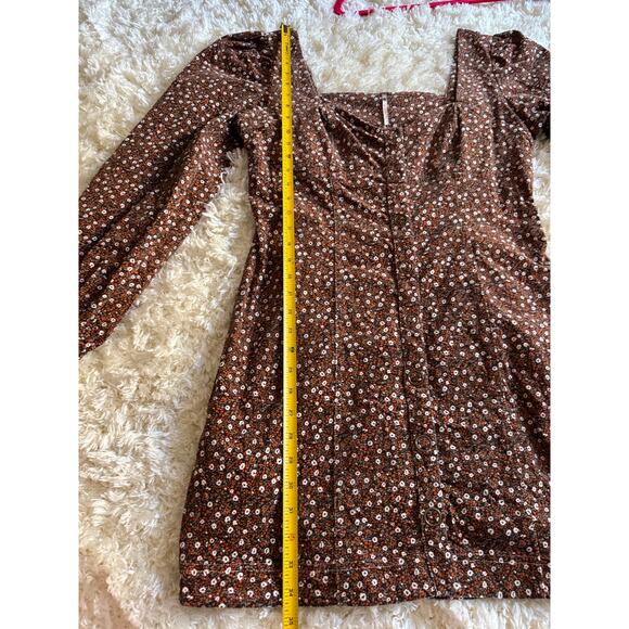 Free People Call Me Cord Mini Dress Floral Puff Sleeve Corduroy Bohemian Boho - Picture 4 of 8